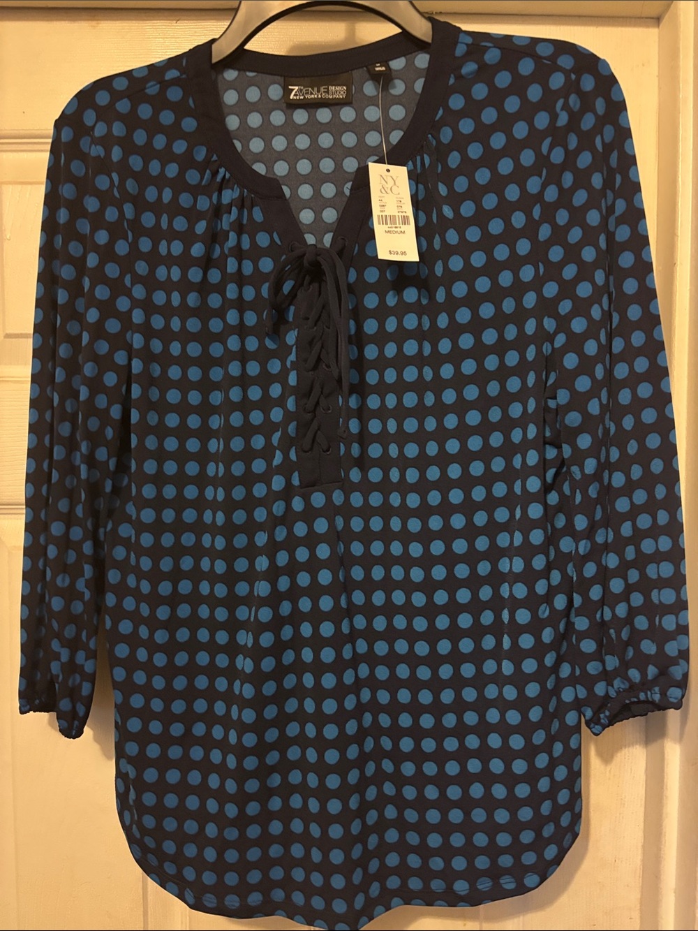 New York & Company Navy Blouse with Bright Blue Polka Dots and Lace-Up Neck Med